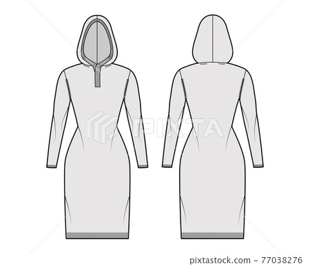 Hooded dress Sweater technical fashion illustration with rib henley neck, long sleeves, slim fit, knee length, rib trim Hooded dress Sweater technical fashion illustration with rib henley neck, long sleeves, slim fit, knee length, rib trim 77038276