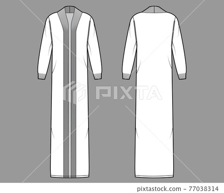 Maxi cardigan technical fashion illustration with rib shawl neck, long sleeves, oversized, floor length, knit trim. Flat 77038314
