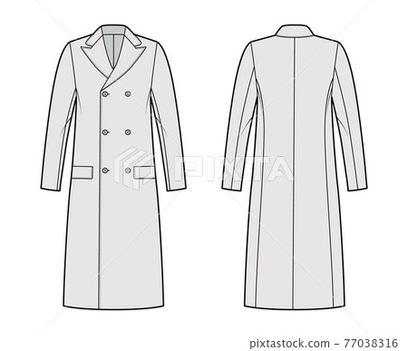 Ulsterette coat technical fashion illustration with double breasted, knee length, round collar peak, flap pockets. Flat Ulsterette coat technical fashion illustration with double breasted, knee length, round collar peak, flap pockets. Flat 77038316