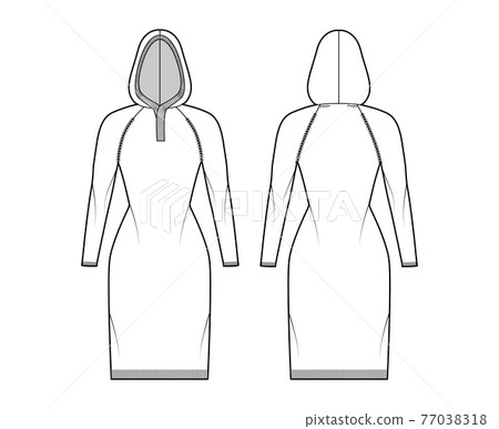 Hooded dress Sweater technical fashion illustration with rib neck, long raglan sleeves, slim fit, knee length, rib trim Hooded dress Sweater technical fashion illustration with rib neck, long raglan sleeves, slim fit, knee length, rib trim 77038318