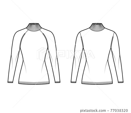 Set of Turtleneck Sweaters technical fashion illustration with long raglan sleeves, fitted body, hip length, knit trim Set of Turtleneck Sweaters technical fashion illustration with long raglan sleeves, fitted body, hip length, knit trim 77038320
