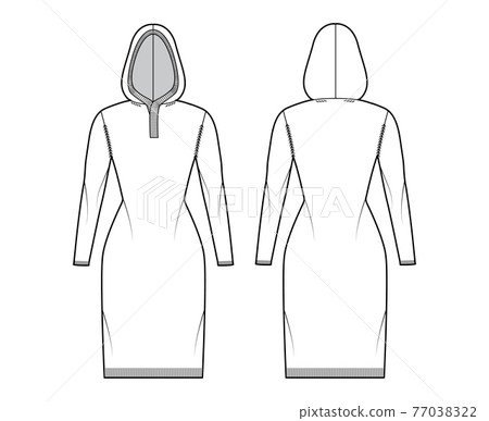 Hooded dress Sweater technical fashion illustration with rib henley neck, long sleeves, slim fit, knee length, rib trim Hooded dress Sweater technical fashion illustration with rib henley neck, long sleeves, slim fit, knee length, rib trim 77038322