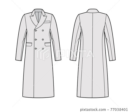 British warm overcoat technical fashion illustration with double breasted, midi length, round collar peak, flap pockets British warm overcoat technical fashion illustration with double breasted, midi length, round collar peak, flap pockets 77038401