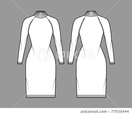 Turtleneck dress Sweater technical fashion illustration with long sleeves, fitted body, knee length, knit trim. 77038444