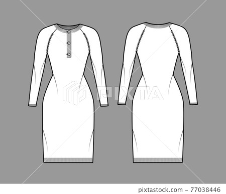 Dress Sweater henley neck technical fashion illustration with long raglan sleeves, slim fit, knee length, rib knit trim Dress Sweater henley neck technical fashion illustration with long raglan sleeves, slim fit, knee length, rib knit trim 77038446