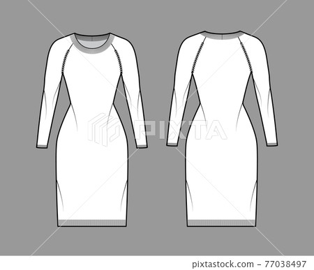 Dress Round neck Sweater technical fashion illustration with long raglan sleeve, fitted body, knee length, knit rib trim Dress Round neck Sweater technical fashion illustration with long raglan sleeve, fitted body, knee length, knit rib trim 77038497