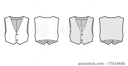 Short vest waistcoat technical fashion illustration with sleeveless, cropped length, V-neckline, button-up closure. 77038498