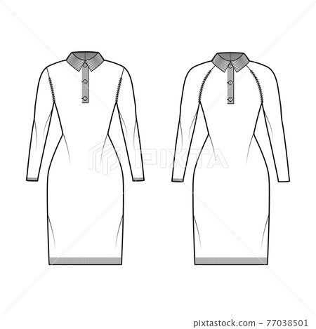 Set of dresses Polo Sweater technical fashion illustration with rib henley neck, classic collar, long raglan sleeves Set of dresses Polo Sweater technical fashion illustration with rib henley neck, classic collar, long raglan sleeves 77038501