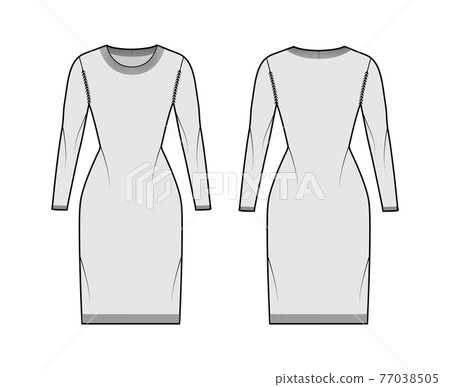 Dress Round neck Sweater technical fashion illustration with long sleeves, fitted body, knee length, knit rib trim Dress Round neck Sweater technical fashion illustration with long sleeves, fitted body, knee length, knit rib trim 77038505