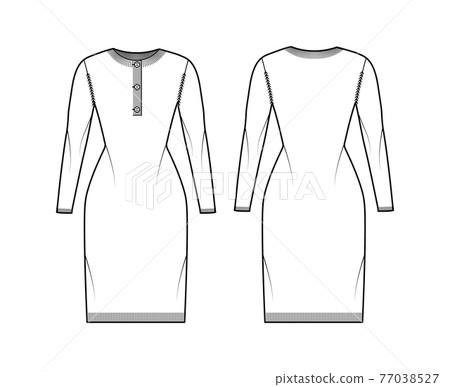 Dress Sweater henley neck technical fashion illustration with long sleeves, slim fit, knee length, rib knit trim. Flat 77038527