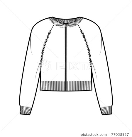 Zip-up cropped cardigan Sweater technical fashion illustration with rib crew neck, long raglan sleeves, knit trim 77038537