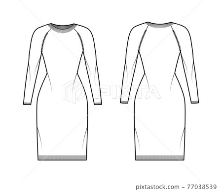 Crew neck dress Sweater technical fashion illustration with long raglan sleeves, slim fit, knee length, knit rib jumper 77038539