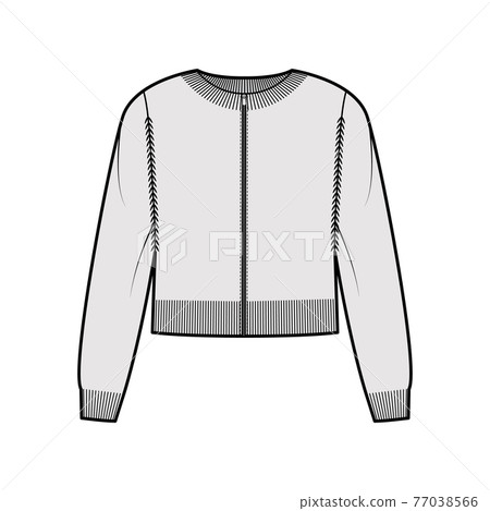 Zip-up cardigan cropped Sweater technical fashion illustration with rib crew neck, long sleeves, knit trim 77038566