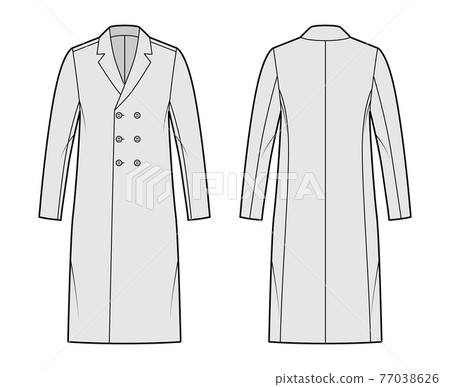 Classic coat technical fashion illustration with knee length, long sleeves, notched collar, oversized, double breasted Classic coat technical fashion illustration with knee length, long sleeves, notched collar, oversized, double breasted 77038626