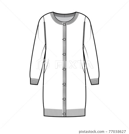 Round neck dress cardigan technical fashion illustration with long sleeves, oversized body, hip length, knit rib cuff Round neck dress cardigan technical fashion illustration with long sleeves, oversized body, hip length, knit rib cuff 77038627
