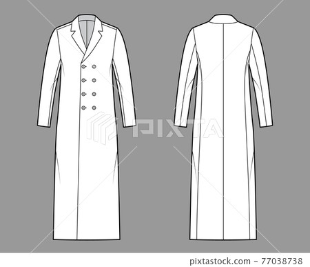 Classic coat technical fashion illustration with midi length, long sleeves, notched collar, oversized, double breasted Classic coat technical fashion illustration with midi length, long sleeves, notched collar, oversized, double breasted 77038738