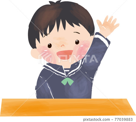 Kindergarten boy raising his hand Kindergarten boy raising his hand 77039883