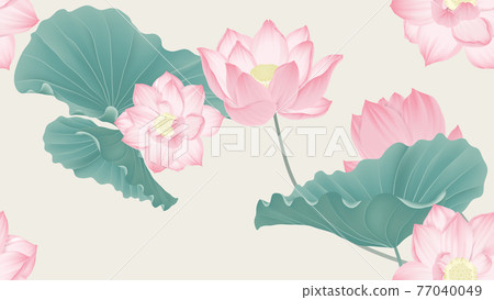 Botanical seamless pattern, pink lotus flowers and leaves on light brown background 77040049