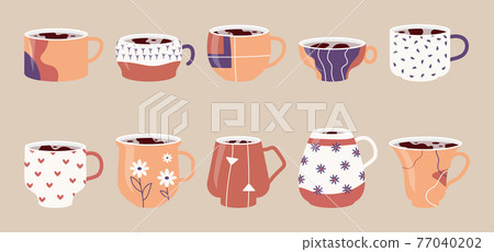 Ceramic cup hot tea coffee art ornament set vector 77040202