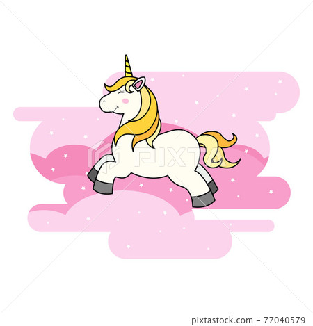 Cute Cartoon Unicorn on Cloud and Rainbow For Print T-shirt or Sticker, Wallpaper Background and Hand Drawing Illustration For Children 77040579