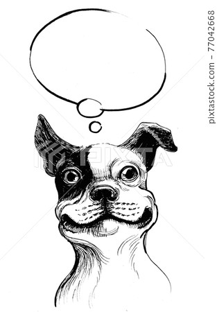 Dreaming bull dog puppy. Ink black and white drawing Dreaming bull dog puppy. Ink black and white drawing 77042668