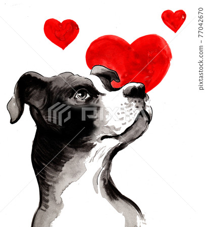Dog in love. Ink and watercolor drawing Dog in love. Ink and watercolor drawing 77042670