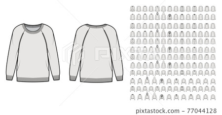 Set of Sweaters, cardigans technical fashion illustration with hood long raglan sleeves, waist, hip length, knit trim Set of Sweaters, cardigans technical fashion illustration with hood long raglan sleeves, waist, hip length, knit trim 77044128