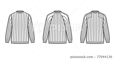 Set of Ribbed army Sweaters technical fashion illustration with long raglan sleeves, oversize, hip length, knit rib trip Set of Ribbed army Sweaters technical fashion illustration with long raglan sleeves, oversize, hip length, knit rib trip 77044136