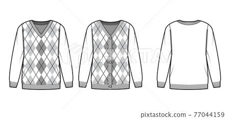 Set of Argyle Sweaters technical fashion illustration with rib V- neck, long raglan sleeves, oversized, hip length Set of Argyle Sweaters technical fashion illustration with rib V- neck, long raglan sleeves, oversized, hip length 77044159