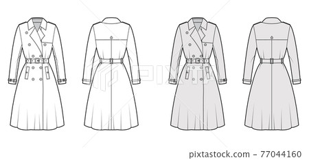 Full Trench coat technical fashion illustration with belt, double breasted, sleeves, napoleon lapel collar, storm flap. Full Trench coat technical fashion illustration with belt, double breasted, sleeves, napoleon lapel collar, storm flap. 77044160