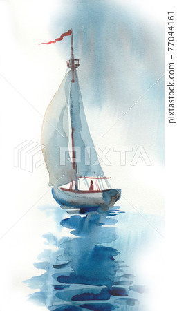 Sailing boat in the sea. Ink and watercolor drawing Sailing boat in the sea. Ink and watercolor drawing 77044161