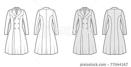 Princess line coat technical fashion illustration with double breasted, fitted body, peak lapel collar, knee length Princess line coat technical fashion illustration with double breasted, fitted body, peak lapel collar, knee length 77044167