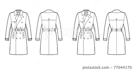 Set of Trench coats technical fashion illustration with belt, double breasted, napoleon wide lapel collar, storm flap Set of Trench coats technical fashion illustration with belt, double breasted, napoleon wide lapel collar, storm flap 77044170