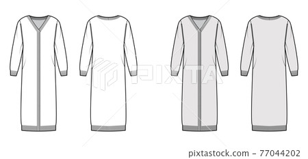 Midi cardigan technical fashion illustration with rib V- neck, long sleeves, oversized, mid-calf length, knit trim 77044202