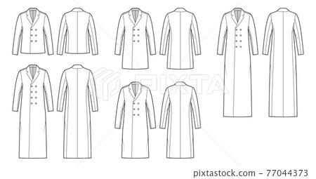 Set of coats technical fashion illustration with long sleeves, notched shawl collar, oversized body, double breasted. 77044373