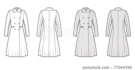 Skating coat technical fashion illustration with tabs, double breasted, long sleeves, round collar, A-line silhouette Skating coat technical fashion illustration with tabs, double breasted, long sleeves, round collar, A-line silhouette 77044390