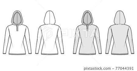 Hooded Sweater technical fashion illustration with rib henley neck, long sleeves, slim fit, hip length, knit rib trim 77044391