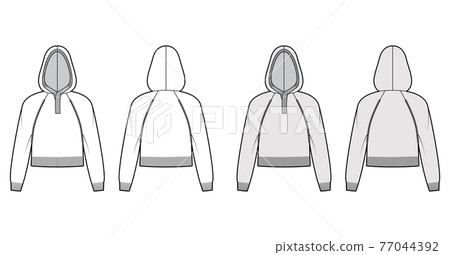 Cropped Hooded Sweater technical fashion illustration with rib henley neck, long raglan sleeves, relax fit, waist length 77044392