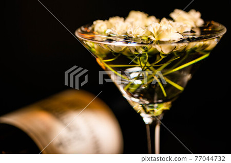 White lady bank's rose floating in a cocktail glass filled with water 77044732
