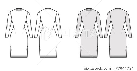 Dress Fisherman Sweater technical fashion illustration with crewneck, fitted body, knee length, knit trim. Flat 77044784