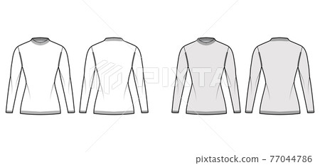 Fisherman Sweater technical fashion illustration with crewneck, long sleeves, fitted body, hip length, knit trim. Flat 77044786