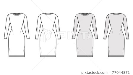 Crew neck dress Sweater technical fashion illustration with long sleeves, slim fit, knee length, knit rib trim jumper 77044871