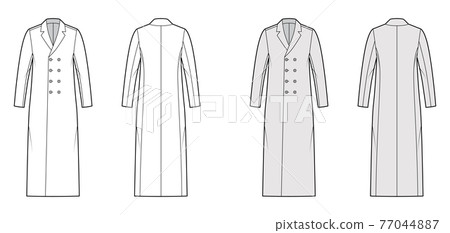Classic coat technical fashion illustration with midi length, long sleeves, notched collar, oversized, double breasted Classic coat technical fashion illustration with midi length, long sleeves, notched collar, oversized, double breasted 77044887