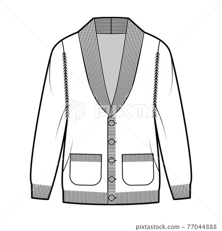 Cardigan Shawl collar Sweater technical fashion illustration with long sleeves, oversized, knit rib trim, button closure 77044888