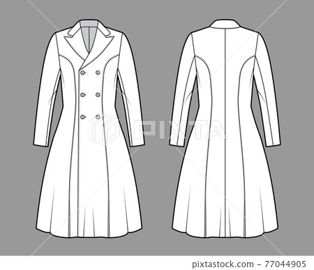 Princess line coat technical fashion illustration with double breasted, fitted body, peak lapel collar, knee length Princess line coat technical fashion illustration with double breasted, fitted body, peak lapel collar, knee length 77044905