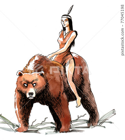 Indian beauty riding a bear. Ink and watercolor drawing Indian beauty riding a bear. Ink and watercolor drawing 77045198