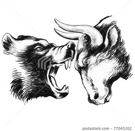 Bear ad bull heads. Ink drawing Bear ad bull heads. Ink drawing 77045202