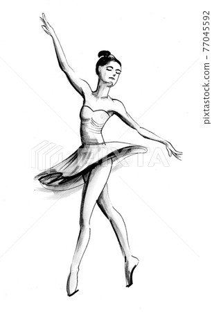 Beautiful dancing ballerina. Ink black and white drawing Beautiful dancing ballerina. Ink black and white drawing 77045592