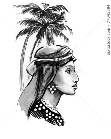 Beautiful Arab woman and palm tree. Ink drawing 77045594