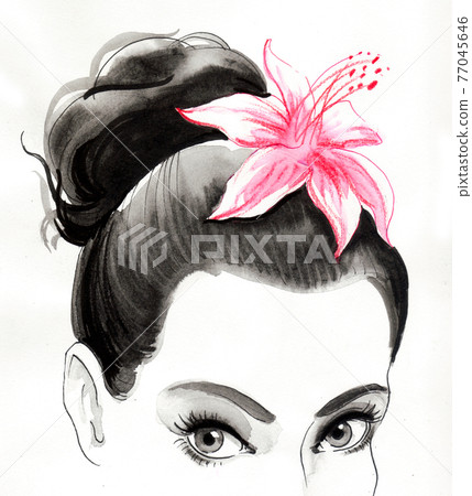 Pretty woman with a flower in her hair. Ink and watercolor drawing Pretty woman with a flower in her hair. Ink and watercolor drawing 77045646